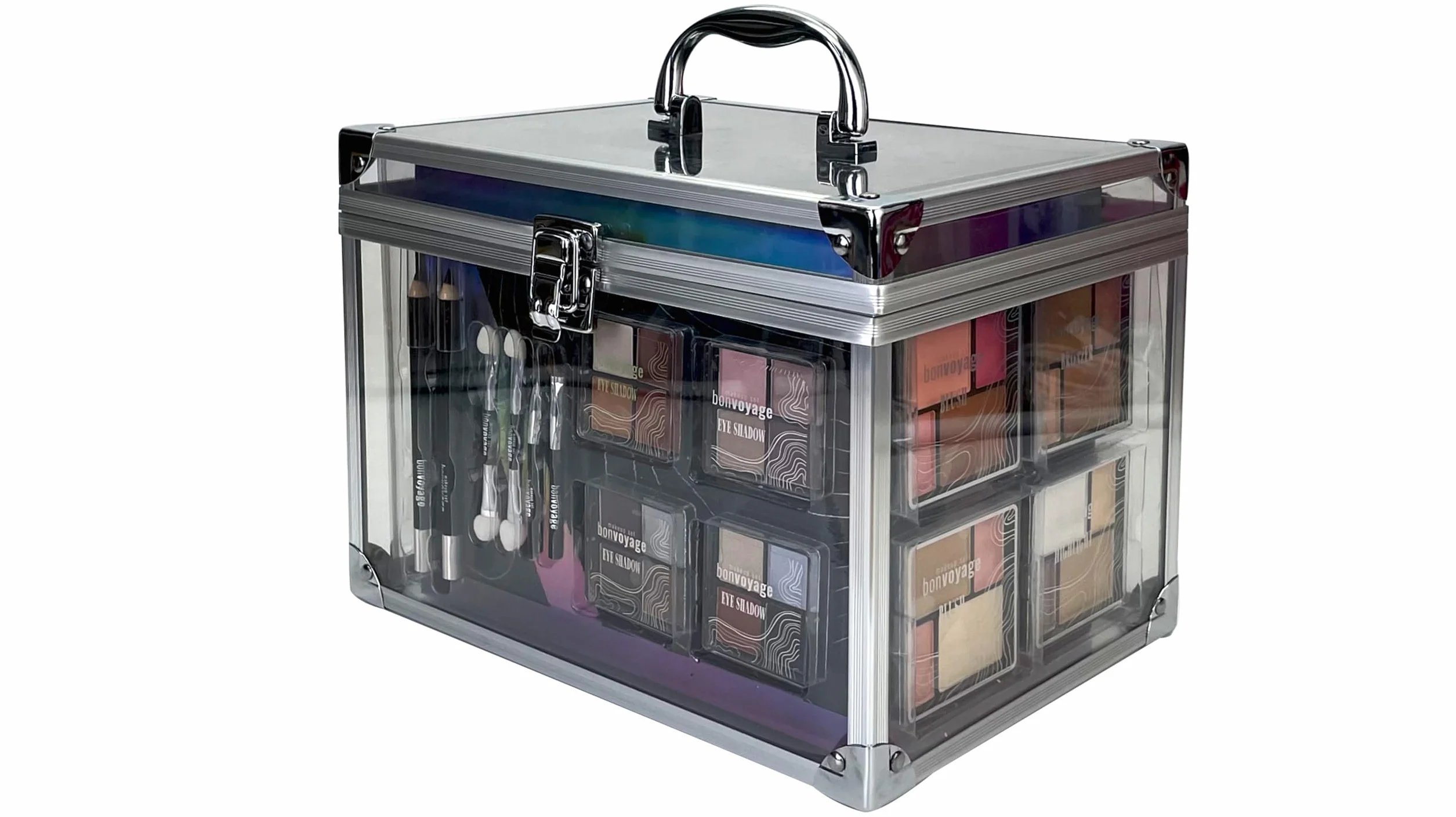bonvoyage, Zestaw do Makijażu Colour Delights, Zestaw do Makijażu ze Szminką, Cieniami do Powiek, Różem, Zestawem do Manicure i Pedicure, Przenośna i Modna Przezroczysta Walizeczka